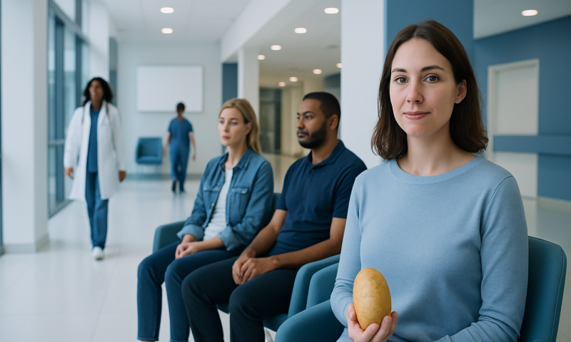 Diverse group of patients waiting in a modern hospital corridor.