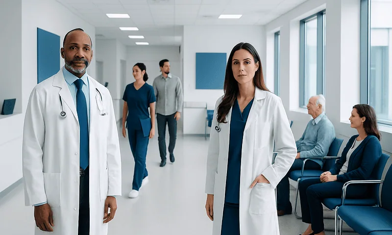 Medical team in hospital corridor with patients in waiting area.