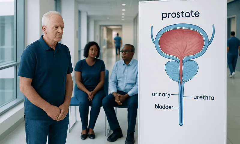 Men waiting in a hospital corridor near a prostate diagram poster.