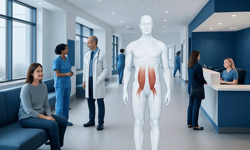 Medical staff and patients in a hospital corridor with a digital psoas muscle diagram.