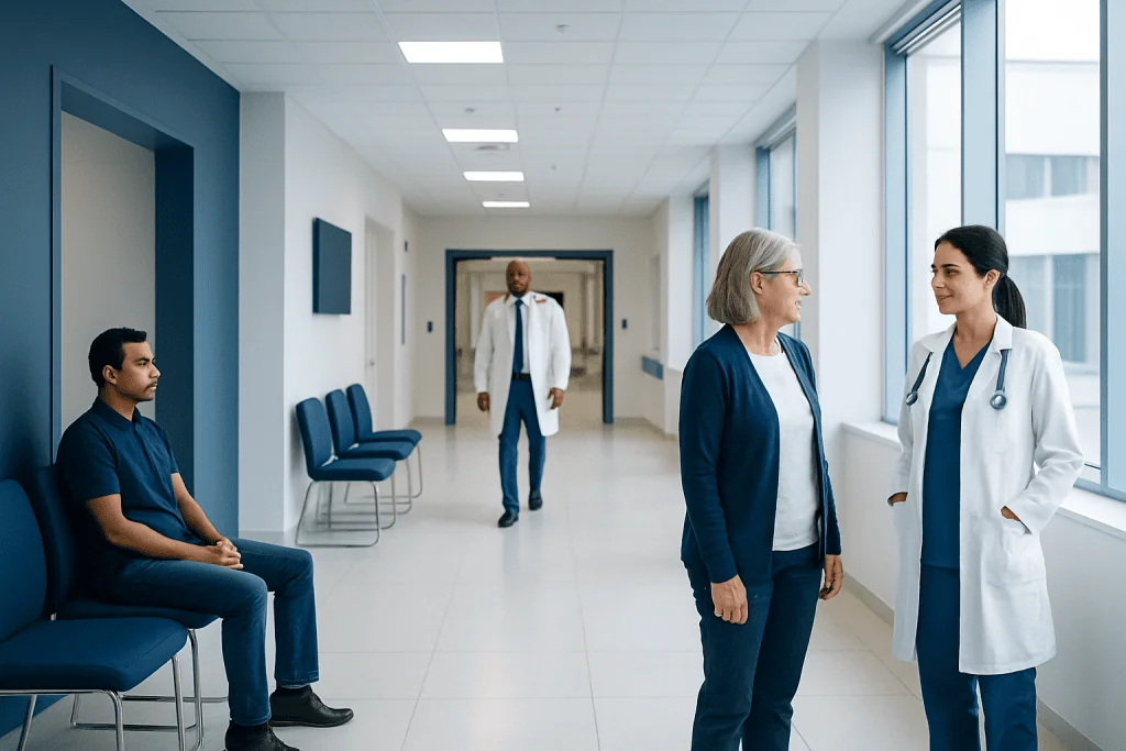 Pubic Symphysis: What Patients Need to Know 1 Medical professionals and patient in hospital corridor at Acibadem Hospitals Group.