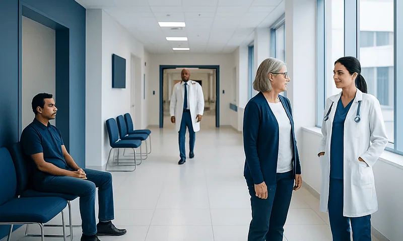 Medical professionals and patient in hospital corridor at Acibadem Hospitals Group.