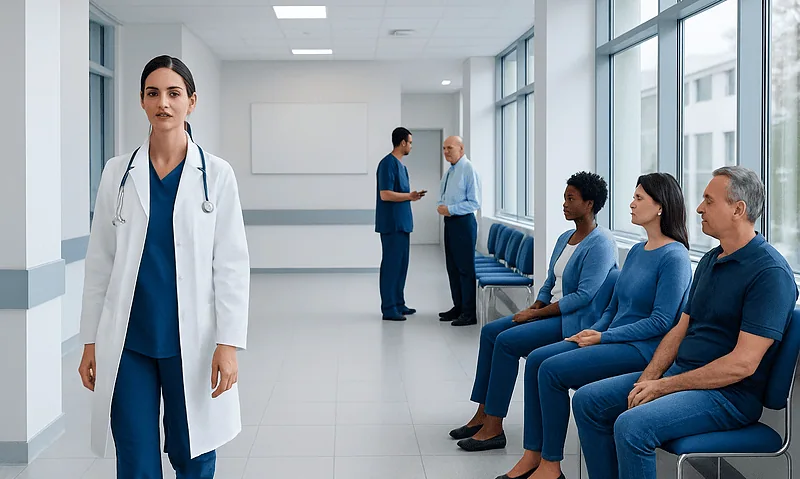 Healthcare professional in a hospital corridor with waiting patients.