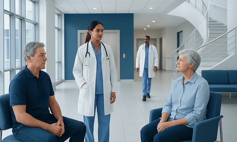 Medical consultation in a modern hospital with doctors and patients.