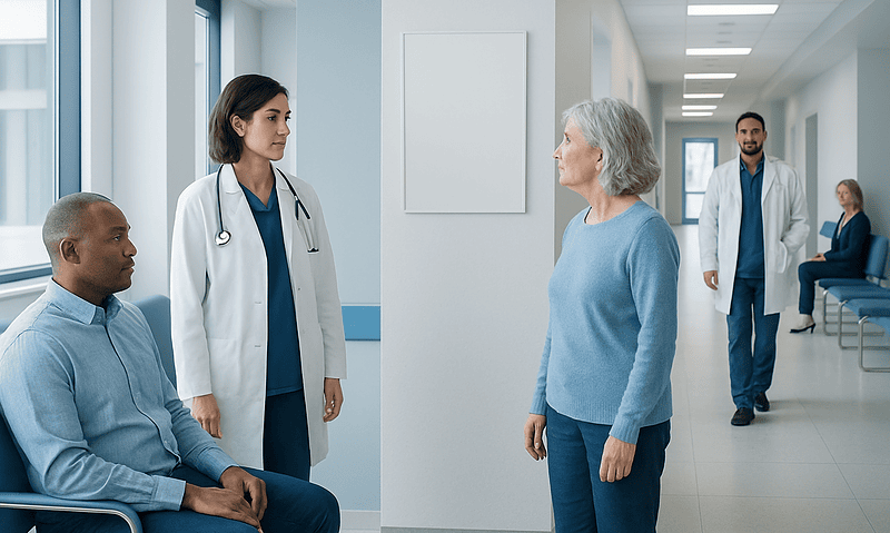 Doctor consulting with elderly patient in hospital corridor.