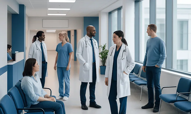 Medical team discussing patient care in hospital corridor.