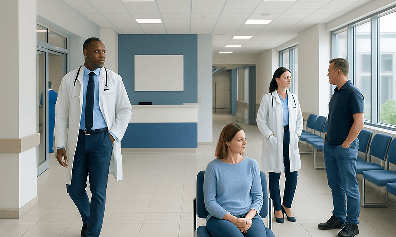 Medical professionals and patient in hospital corridor at Acibadem Hospitals Group.
