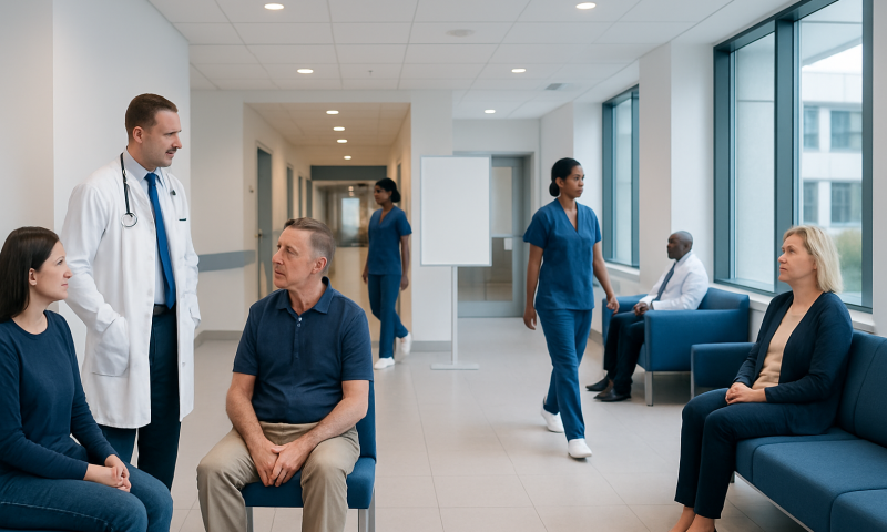 Patients waiting in a hospital corridor with medical staff and nurses present.