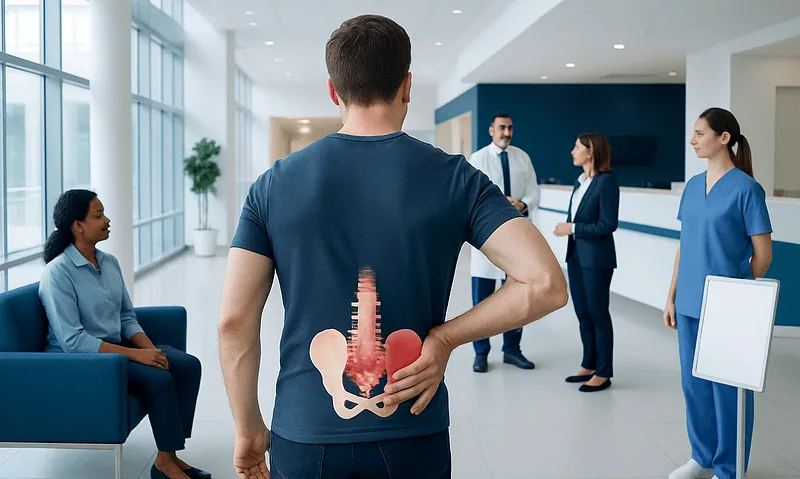 Patient with back pain consults at Acibadem Hospital with medical staff.