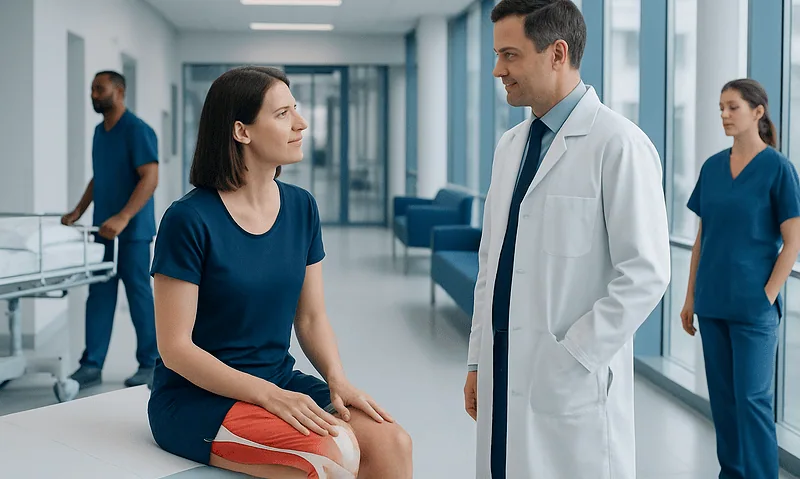 Doctor consulting female patient in hospital corridor with staff in background.