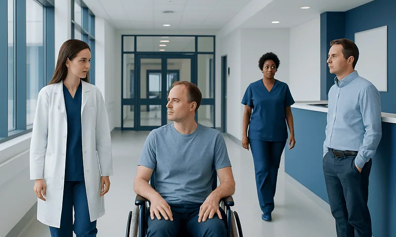 Medical team consulting with patient in hospital corridor.
