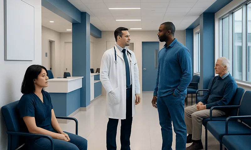 Medical consultation in a hospital corridor with healthcare professionals and patients.