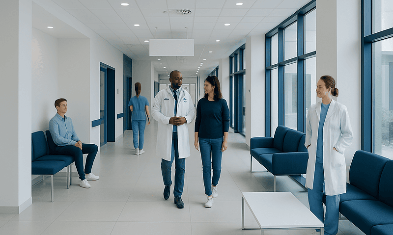 Medical professionals and patients in a modern hospital corridor.