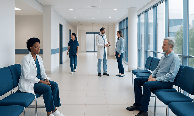 Medical consultation in a modern hospital corridor with healthcare professionals and patients.