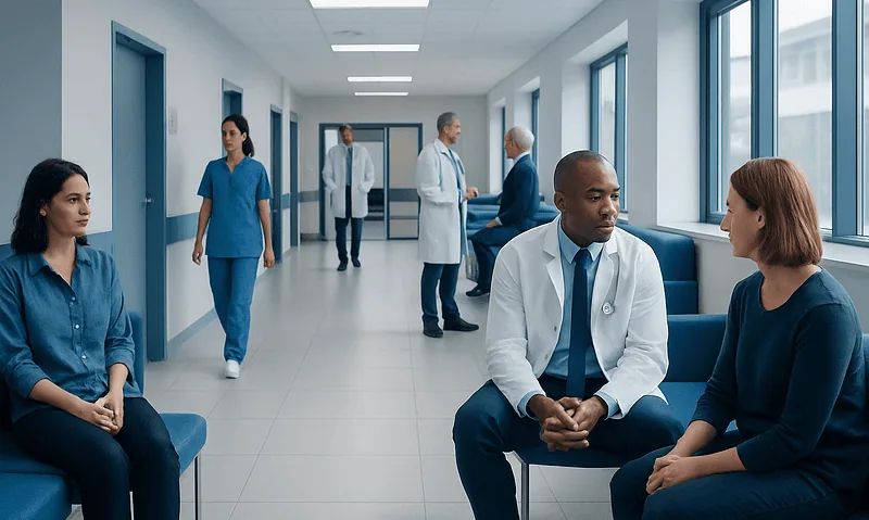 Medical professionals and patients in a hospital corridor.