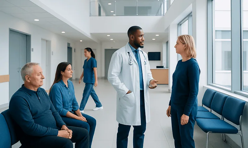 Doctor consulting with female patient in hospital corridor.