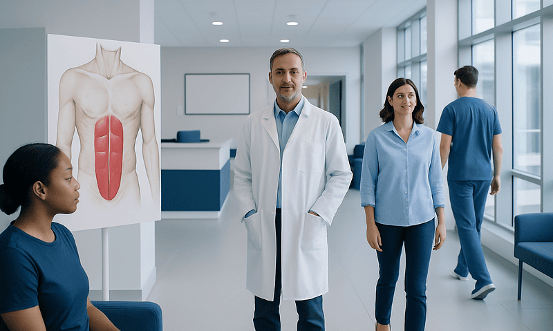 Medical professionals discussing abdominal muscles in a hospital corridor.