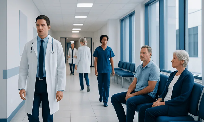 Medical professionals and patients in a hospital corridor at Acibadem Hospitals Group.