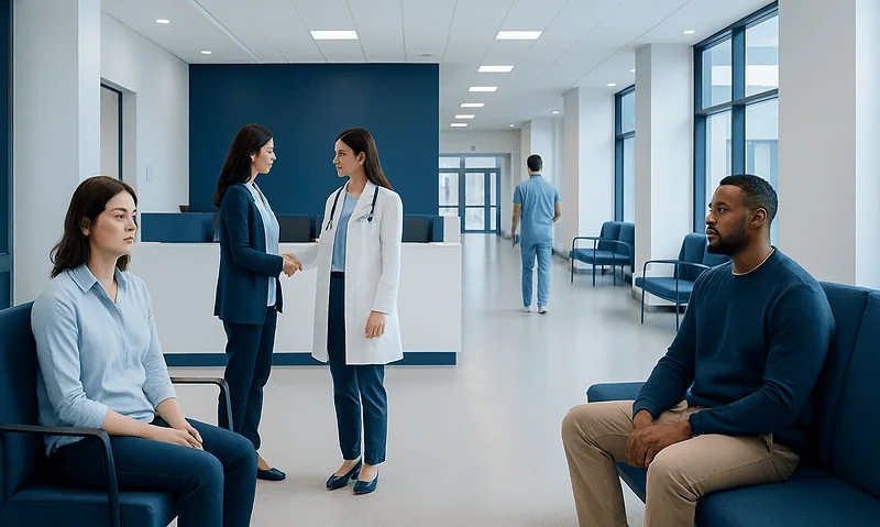 Patients and healthcare professionals in a modern hospital waiting area.