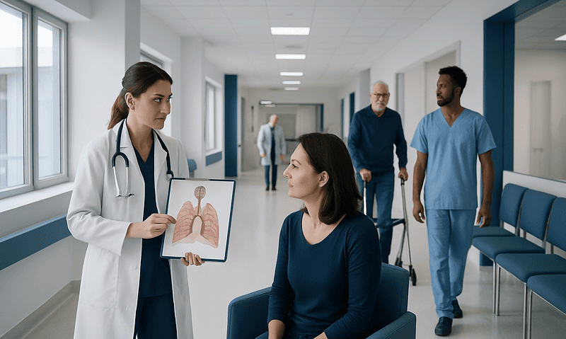 Doctor explaining respiratory system to patient in hospital corridor.