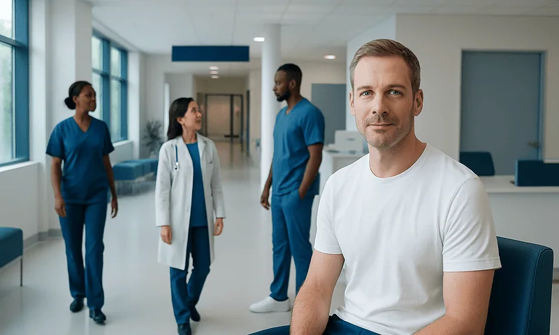 Patient in hospital waiting area with medical staff in background.