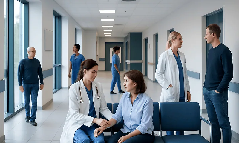 Healthcare professionals and patients in a hospital corridor.