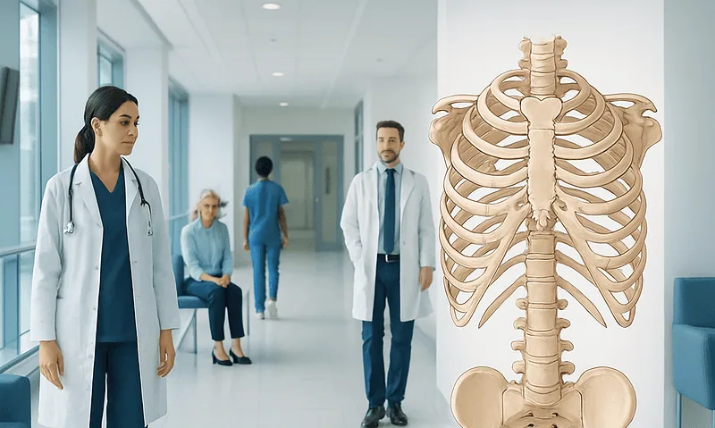 Medical professionals and a ribcage illustration in a hospital corridor.