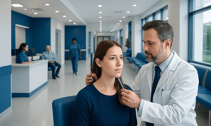 ENT specialist performs Rinne test on a patient in a hospital corridor.