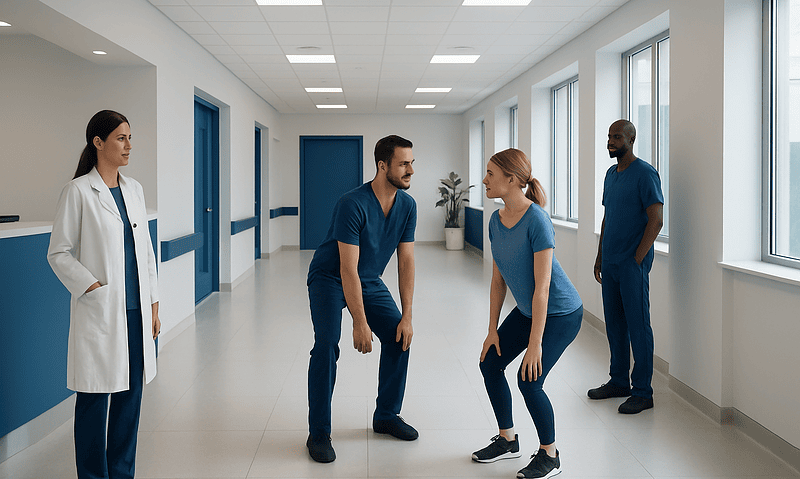 Medical team practicing patient transfer techniques in hospital corridor.