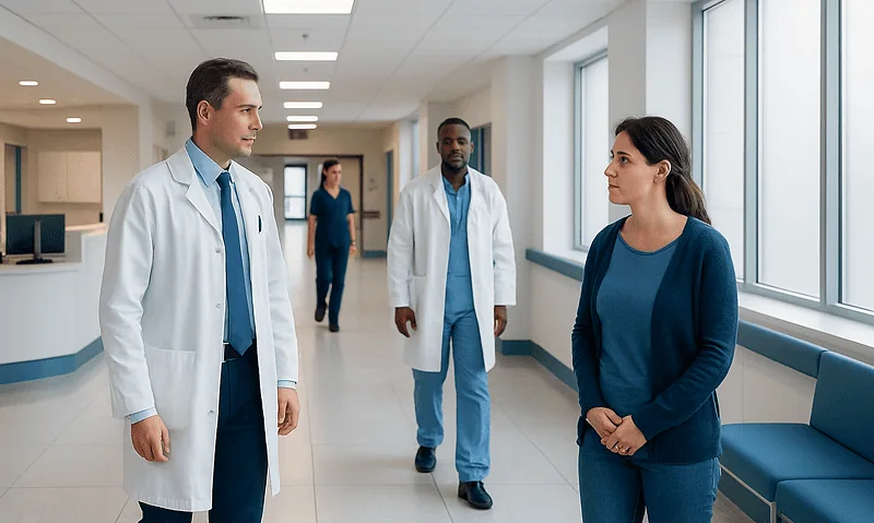 Medical team discussing patient care in hospital corridor.