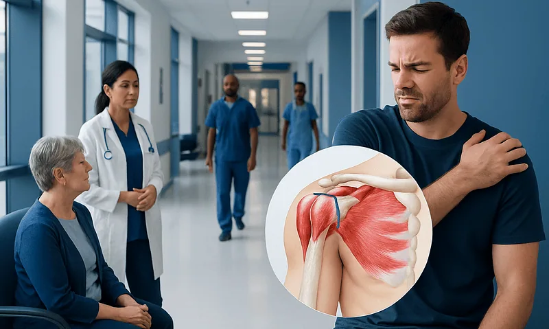 Patient with shoulder pain consulting at hospital with medical staff present.