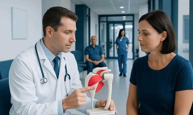 Doctor explaining shoulder anatomy to a patient with a model.