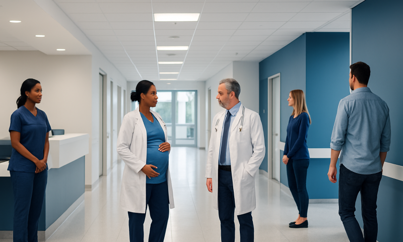 Medical team discussing patient care in hospital corridor.