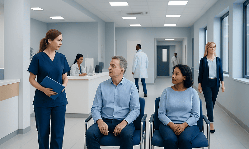 Patients waiting in a hospital corridor with medical staff nearby.