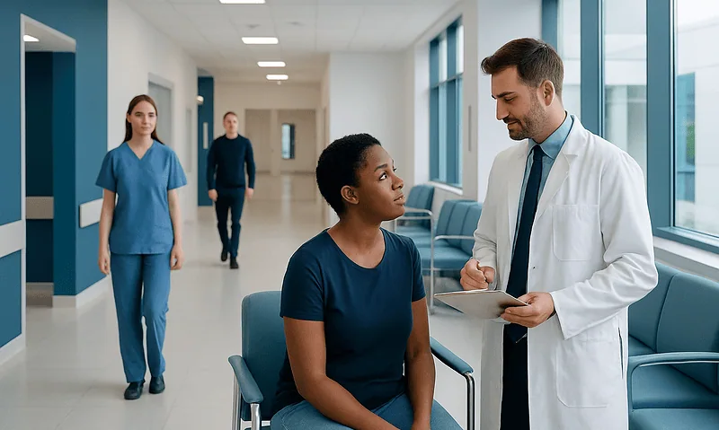 Doctor consulting with a patient in a hospital corridor.