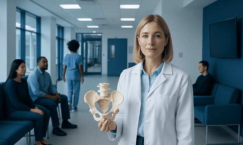 Female doctor holding pelvis model in hospital waiting area.