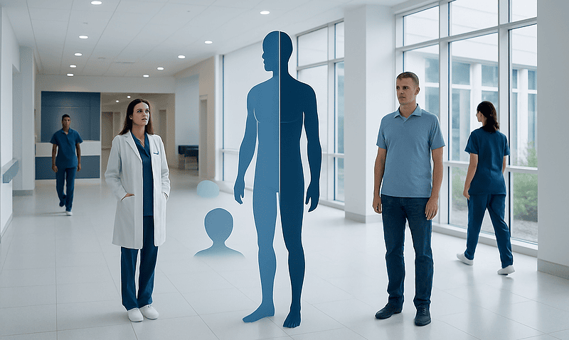 Medical professionals and patients in a hospital corridor with a human body diagram.
