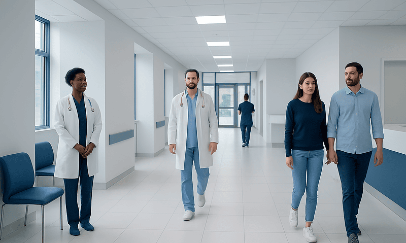 Medical team walking in hospital corridor at Acibadem Hospitals Group.