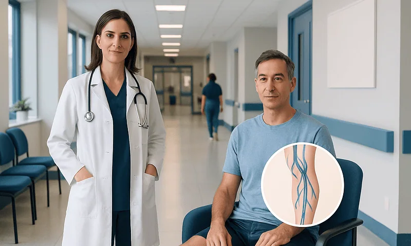 Doctor and patient discussing saphenous vein treatment in hospital corridor.
