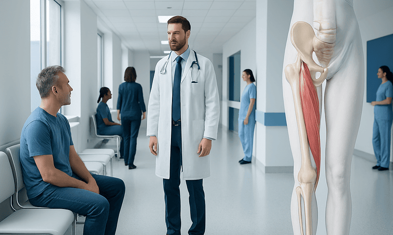Doctor consulting patient in hospital corridor with anatomical model of leg muscles.