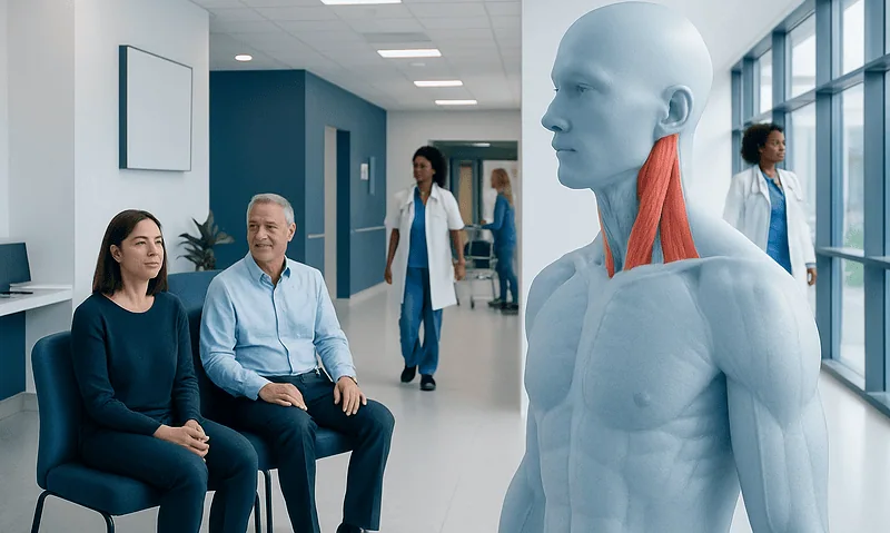 Medical consultation with a human anatomy model of neck muscles in hospital corridor.
