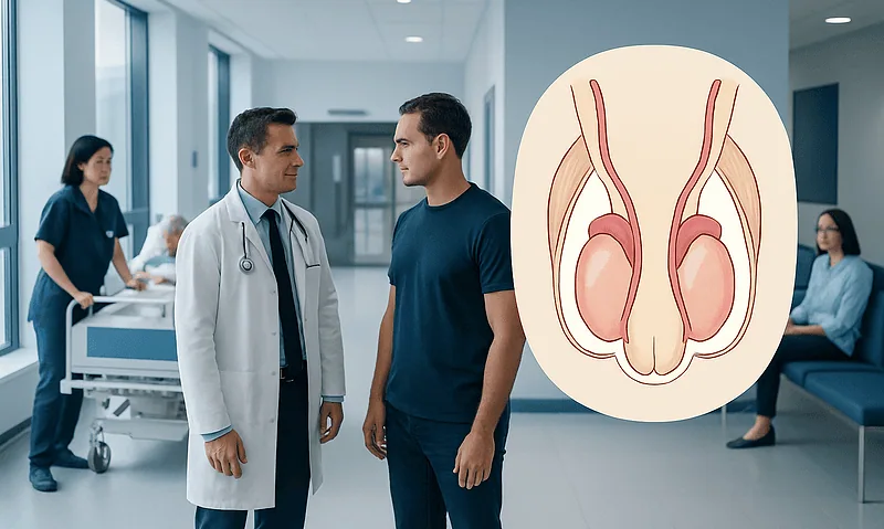 Doctor consulting male patient in hospital with scrotum diagram overlay.