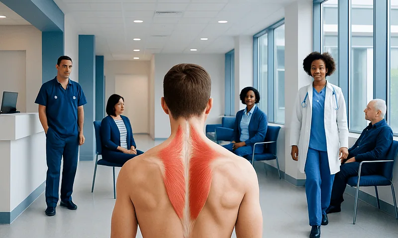Medical consultation with a focus on back muscles in a modern hospital setting.