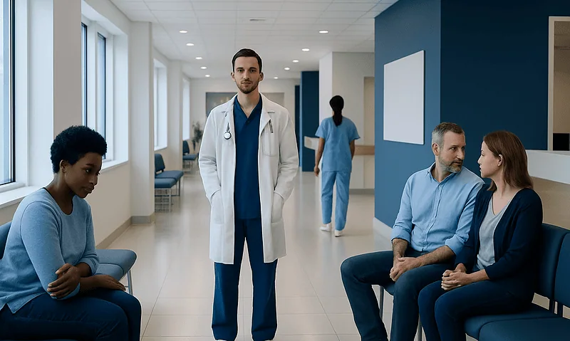 Medical professionals and patients in a hospital corridor.