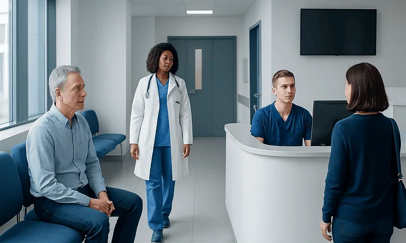 Patients and healthcare professional in a hospital reception area.