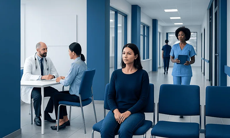 Patient consulting with doctor in hospital corridor at Acibadem Hospitals Group.