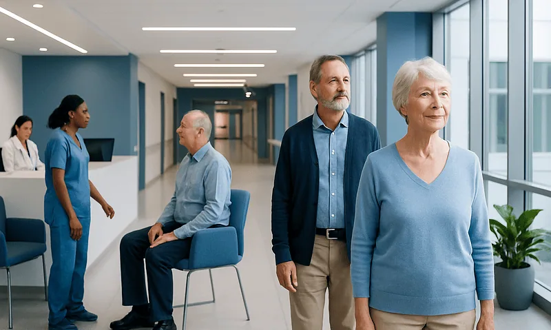 Elderly patients waiting in a modern hospital corridor with medical staff nearby.