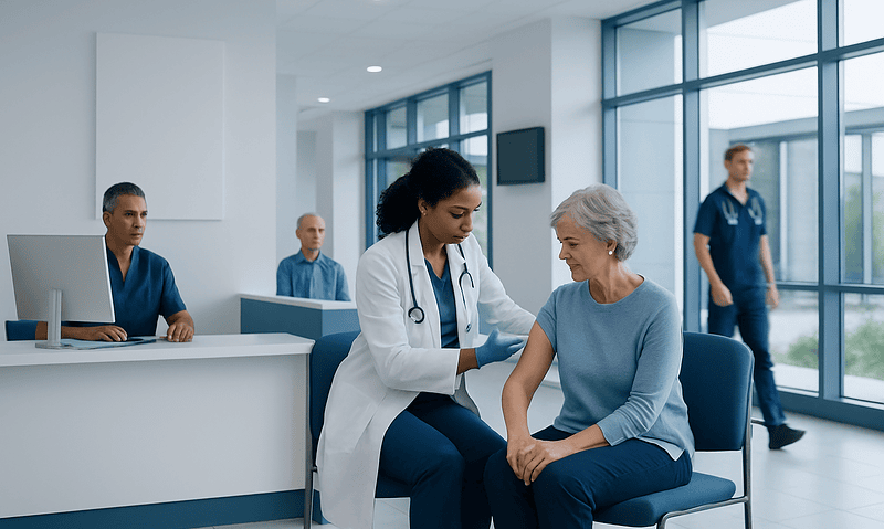 Healthcare professional administering Shingrix vaccine to elderly patient in clinic.