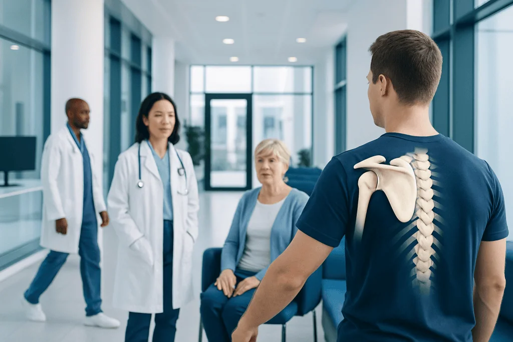 Shoulder Blade: What Patients Need to Know 1 Doctor explaining shoulder anatomy to patient in hospital corridor.