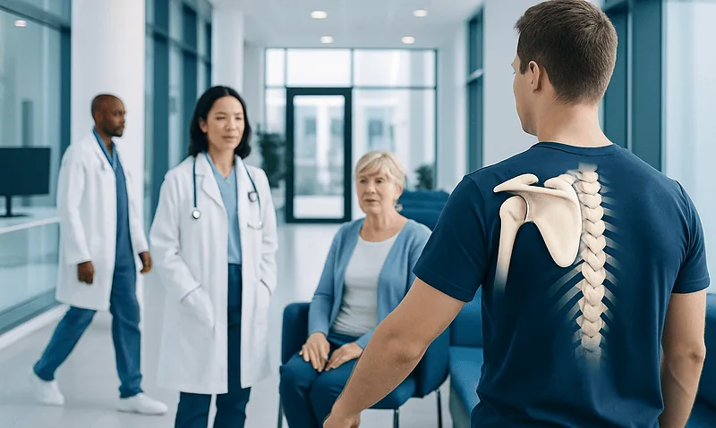 Shoulder Blade: What Patients Need to Know 5 Doctor explaining shoulder anatomy to patient in hospital corridor.